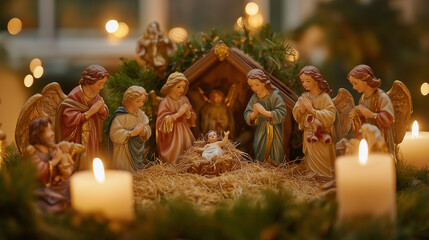 beautifully detailed nativity scene with handcrafted figurines and soft warm lighting, capturing the essence of christmas tradition in a serene holiday setting