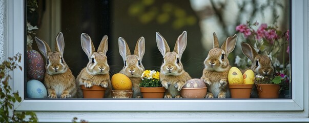 Six adorable bunnies are appearing on a window sill with colorful easter eggs and spring flowers