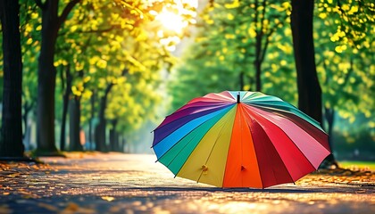 Colorful umbrellas are on the sunny street, surrounded by trees and pleasant scenery, conveying a cheerful atmosphere.