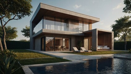 Architectural concept of a house, visualized in D rendering.