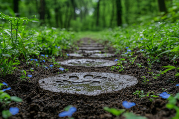 Poster - Footprints in a nature reserve, showing the path taken by hikers and outdoor enthusiasts. Concept of eco-tourism and trail preservation.