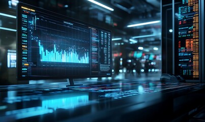 Wall Mural - computer monitor displaying financial data in a dark room