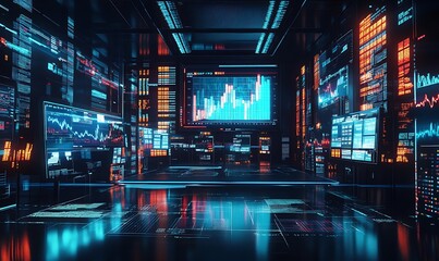 Wall Mural - a futuristic data center interior with glowing screens displaying charts and graphs
