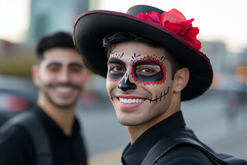 couple dressed in Day of the Dead red and black costumes  walking together