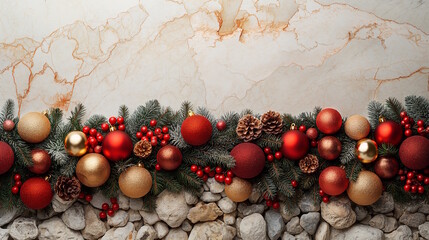 Christmas garland with red and gold ornaments, pine cones, and berries on a stone background. The warm festive colors create a rich holiday design, ideal for seasonal decorations or invitations