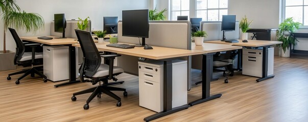 Co-working area with standing desks, adjustable chairs, and a mix of individual and group work zones, promoting flexibility