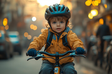 Wall Mural - A child learning to ride a bicycle, symbolizing developmental milestones and skill acquisition. Concept of childhood growth and personal development.