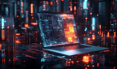 Wall Mural - laptop with glowing code display in a cyberpunk cityscape