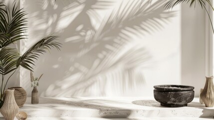 Canvas Print - White wall backdrop with palm silhouettes and dark stone pedestal for decor.