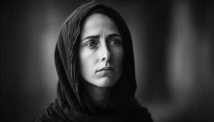 The black-and-white portrait shows the character's solemnity and deep thinking, the background is blurred, and the main body's demeanor and emotions are highlighted.