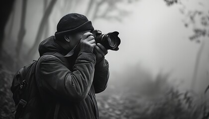 A photographer was shooting outdoors, and the surrounding environment was hazy, showing the unique beauty of black and white photography.