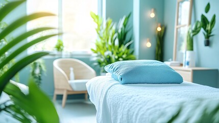 Sunlight streams through the window onto neatly folded towels on a massage table in a spa room