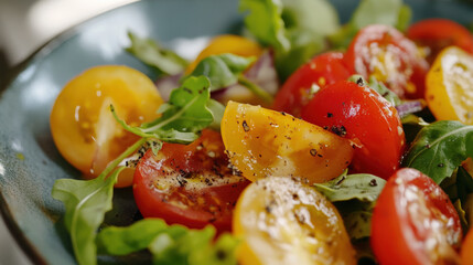 A bowl of salad with tomatoes and greens