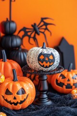 Wall Mural - Halloween still life with many spooky pumpkins on an orange background