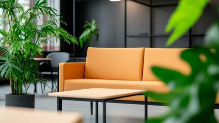 Open, airy co-working environment with ergonomic furniture, greenery, and natural light, creating a refreshing work vibe