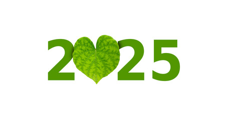 Green happy new year 2025,environmental conservation concept in upcoming year 2025 concept,with heart shape leaf instead of zero