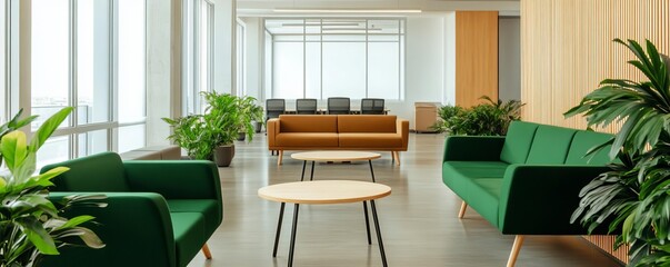 Open, airy co-working environment with ergonomic furniture, greenery, and natural light, creating a refreshing work vibe