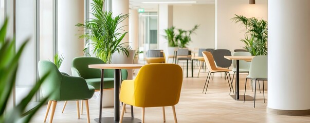 Open, airy co-working environment with ergonomic furniture, greenery, and natural light, creating a refreshing work vibe