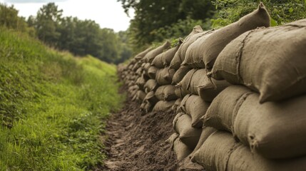 Sandbags Along a Green Path