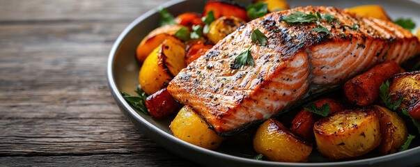 Grilled salmon served with a side of roasted vegetables, brain-boosting dinner, healthy and satisfying. Photo realistic