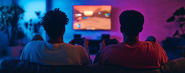 Two buddies unwinding on the sofa, gaming at home in the evening, savoring their leisure time