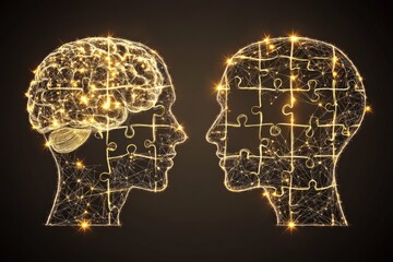 Canvas Print - Collaborative thinking Cognitive reserve Two golden illuminated brain profiles connected by puzzle pieces symbolizing intellectual synergy and collaborative problem solving