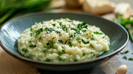 A bowl of white rice with green peas and parsley