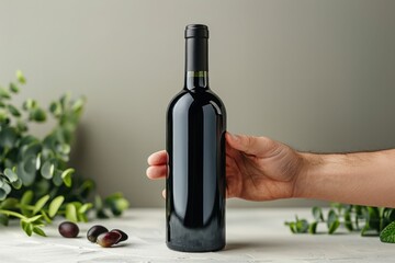 A hand holding a dark glass wine bottle beside green leaves and black olives on a marble countertop