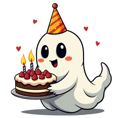 A cute halloween ghost wearing a party hat is joyfully holding a birthday cake with candles