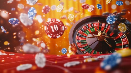 Casino table with a spinning roulette wheel and poker chips in the air