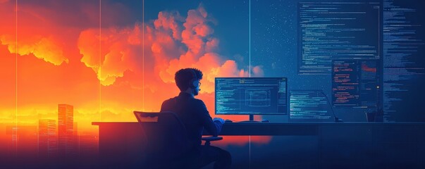 Full-stack developer working on cloud integration, coding in the background, modern software development process.