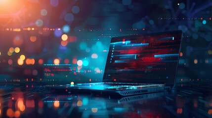 Computer laptop programming IT showcase effect background with lots of light spots