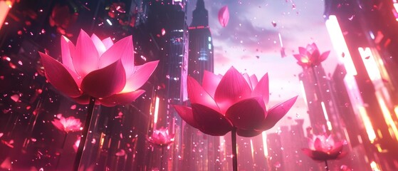 Poster - Pink Lotus Flowers in a Futuristic Cityscape with Falling Petals and Neon Lights