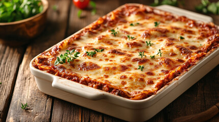 Wall Mural - A white casserole dish filled with cheese and tomato sauce