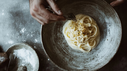 Wall Mural - A man is making pasta in a bowl