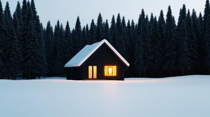 Cozy cabin in a snowy forest, Christmas lights glowing, winter 2025