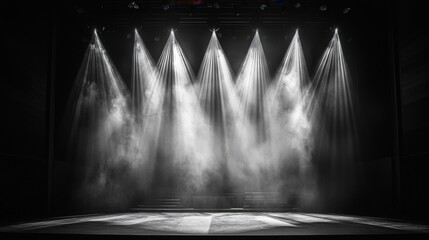 Spotlights creating a grid of light on the stage, monochrome, sharp contrasts, minimalist design