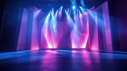 Abstract geometric light patterns, cool blue and purple tones, modern and stylish stage design