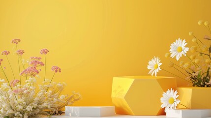 Canvas Print - Product display scene: Hexagonal podiums, flowers on yellow backdrop, text space