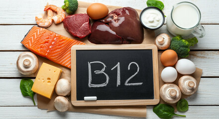 Wall Mural - Food ingredients with B12 nutrition benefits including salmon eggs and broccoli