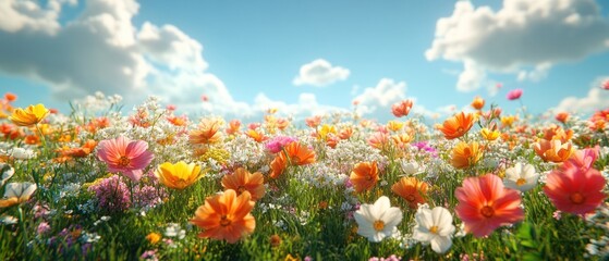 Poster - A Vibrant Meadow of Colorful Wildflowers Under a Blue Sky