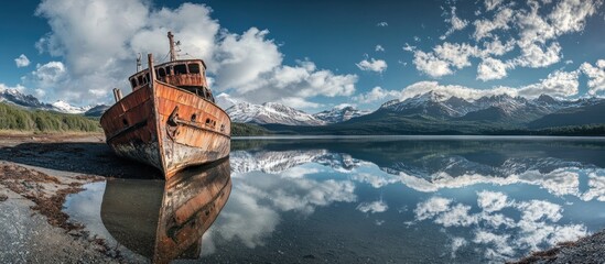 Poster - Rusty Shipwreck on a Calm Lake in Patagonia