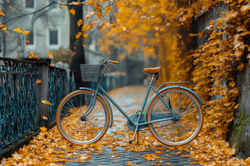 Sticker - A vintage bicycle leaning against a fence, with a background of fallen leaves and autumnal hues. Concept of nostalgic fall imagery and outdoor life.