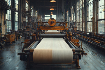 Poster - A textile mill with large looms and spools of fabric, demonstrating traditional fabric production and textile industry. Concept of textile manufacturing and craftsmanship.