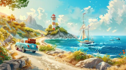 A painting of a car driving down a road next to a lighthouse and a sailboat