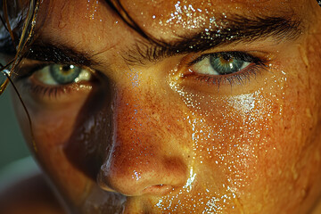 A single bead of sweat rolling down a person's forehead, glistening under the light. Concept of human physical response.