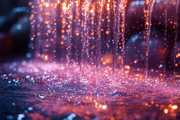 Poster - A sequence of droplets from a fountain sparkling in sunlight, each reflecting a different spectrum of light as they descend. Concept of shimmering elegance.