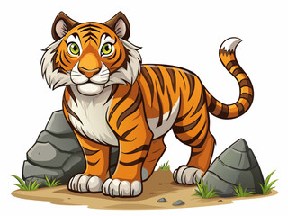 cartoon vector illustration of funny tiger, stone field isolated background