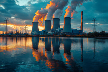 Canvas Print - A power plant with large turbines and cooling towers, illustrating energy production and industrial scale electricity generation. Concept of power generation and energy sector.