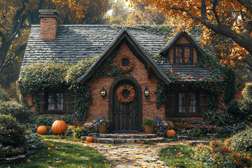 Sticker - A picturesque farmhouse with ivy-covered walls and a front yard adorned with pumpkins and autumn wreaths. Concept of rustic autumn charm and seasonal decor.